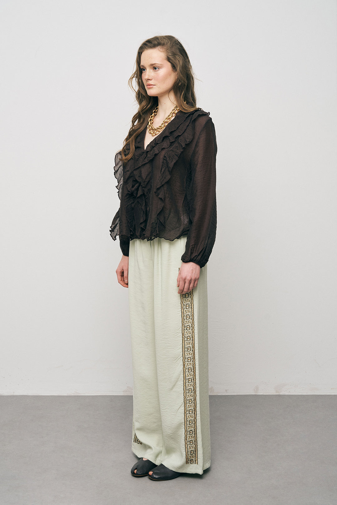 Orfeonegro Kahve Volan Detaylı Liyosel Karışımlı Şifon Gömlek