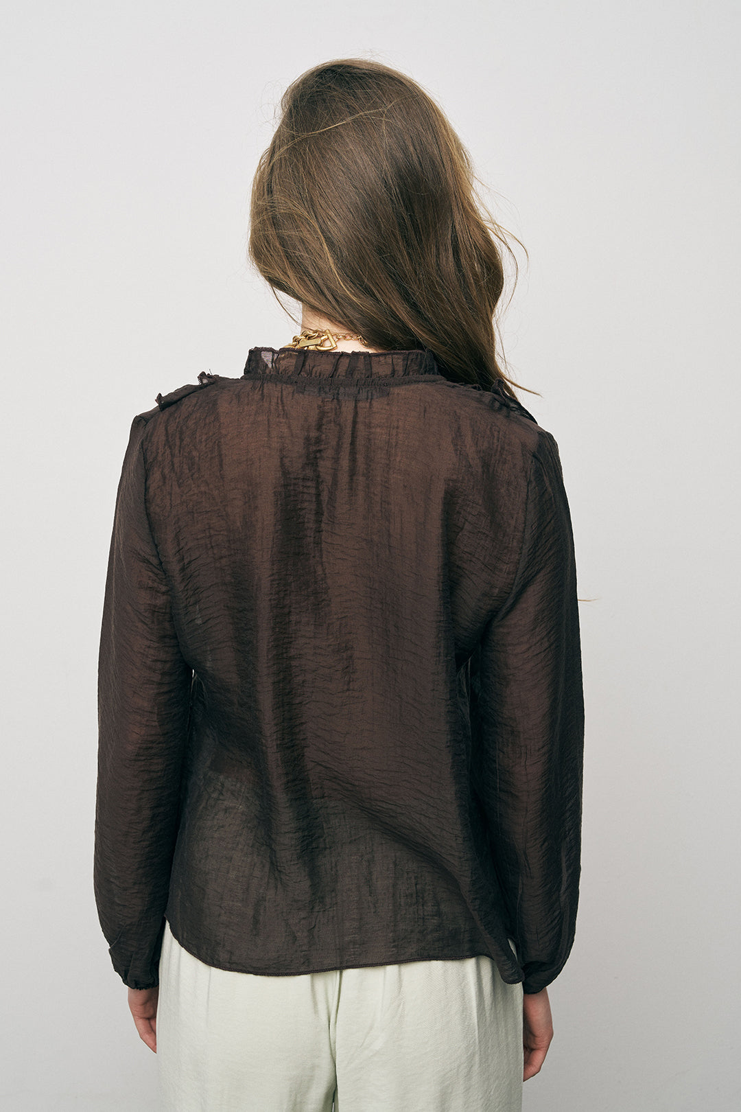 Orfeonegro Kahve Volan Detaylı Liyosel Karışımlı Şifon Gömlek
