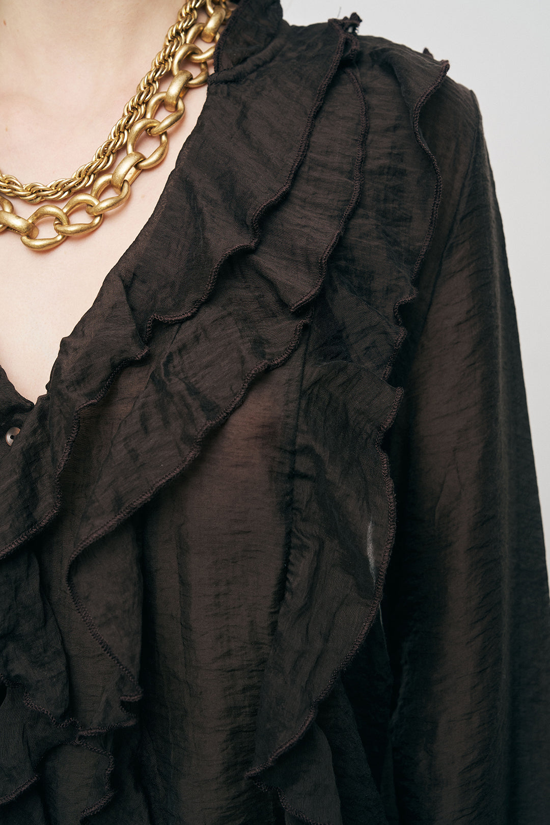 Orfeonegro Kahve Volan Detaylı Liyosel Karışımlı Şifon Gömlek