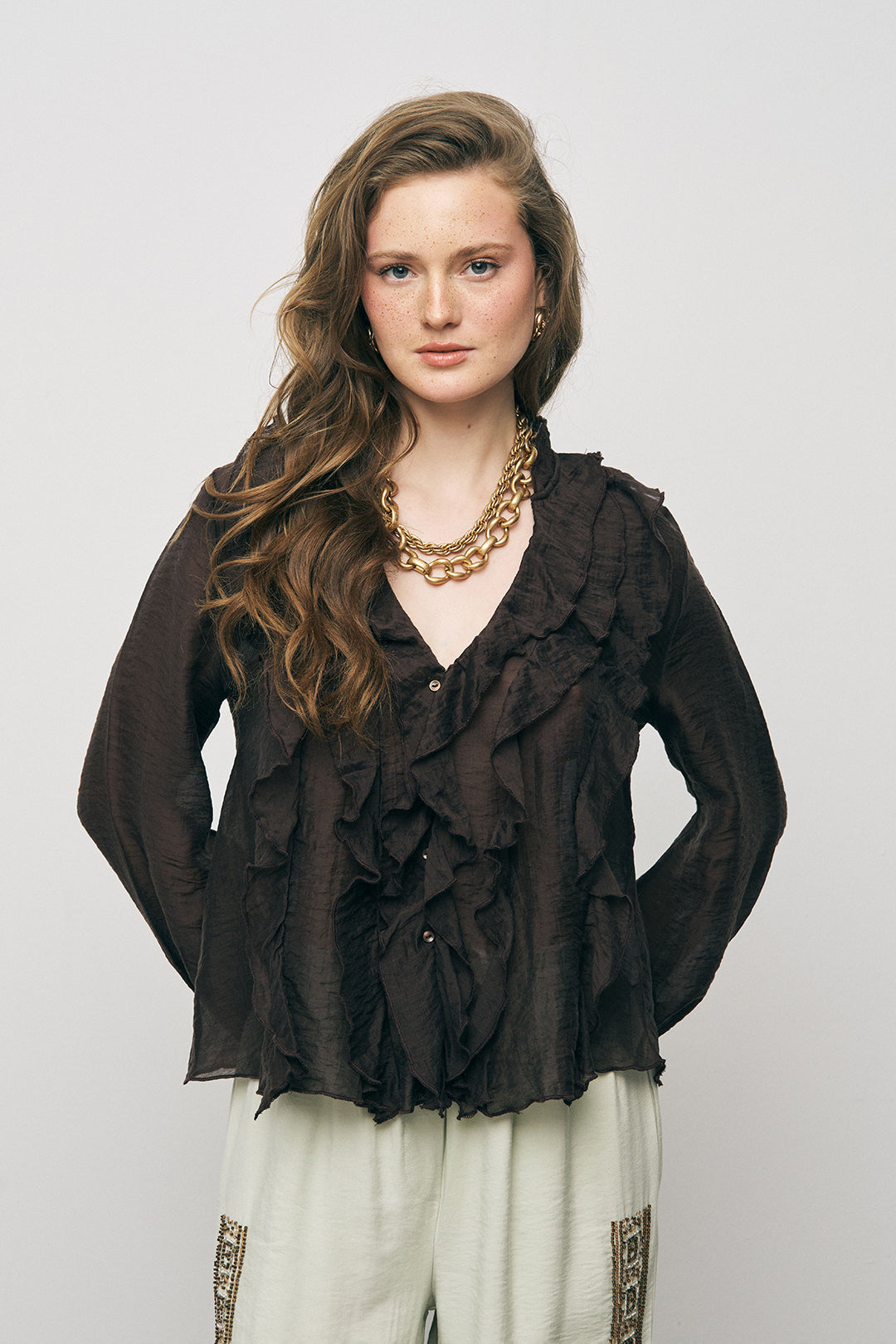 Orfeonegro Kahve Volan Detaylı Liyosel Karışımlı Şifon Gömlek