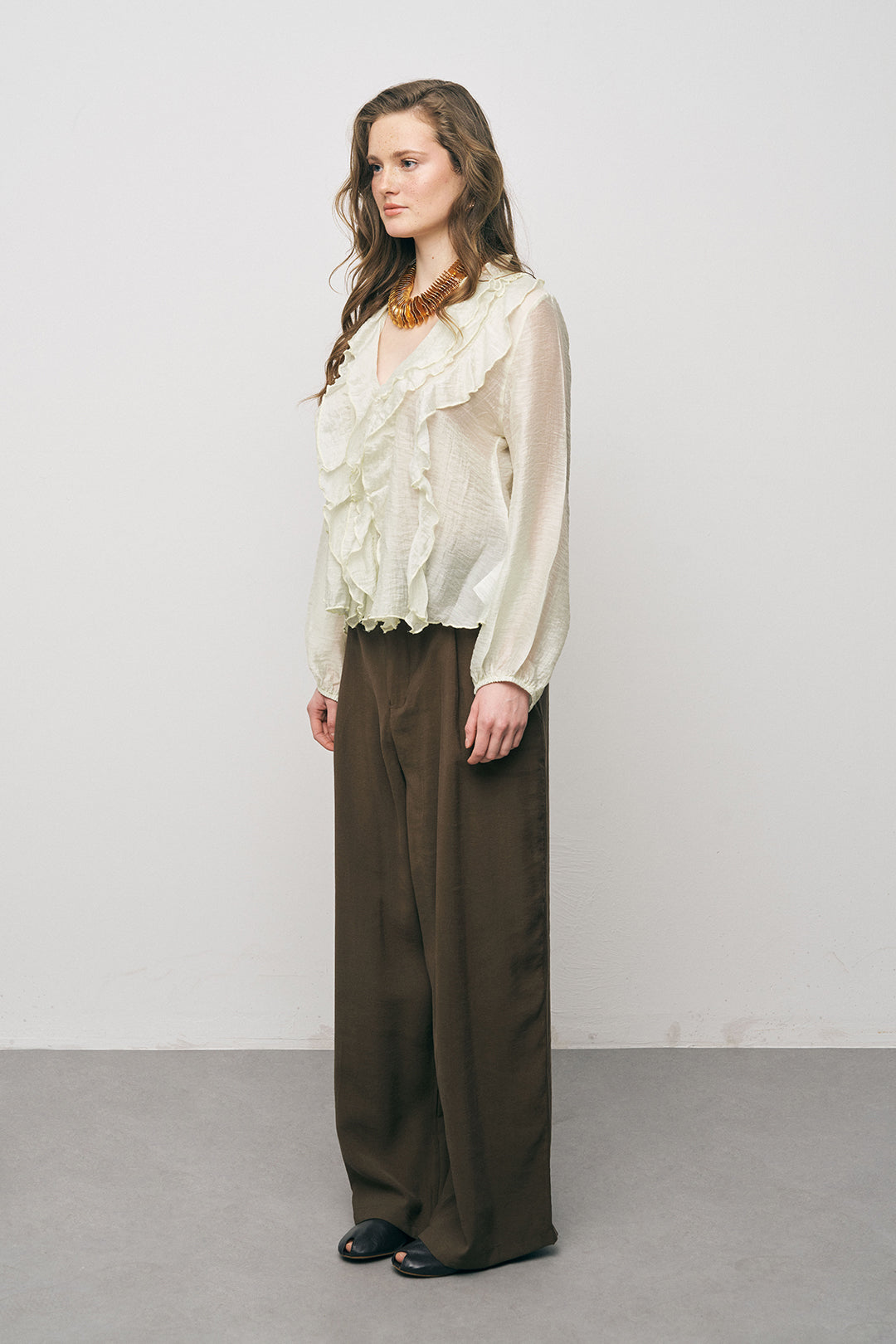 Orfeonegro Mint Volan Detaylı Liyosel Karışımlı Şifon Gömlek