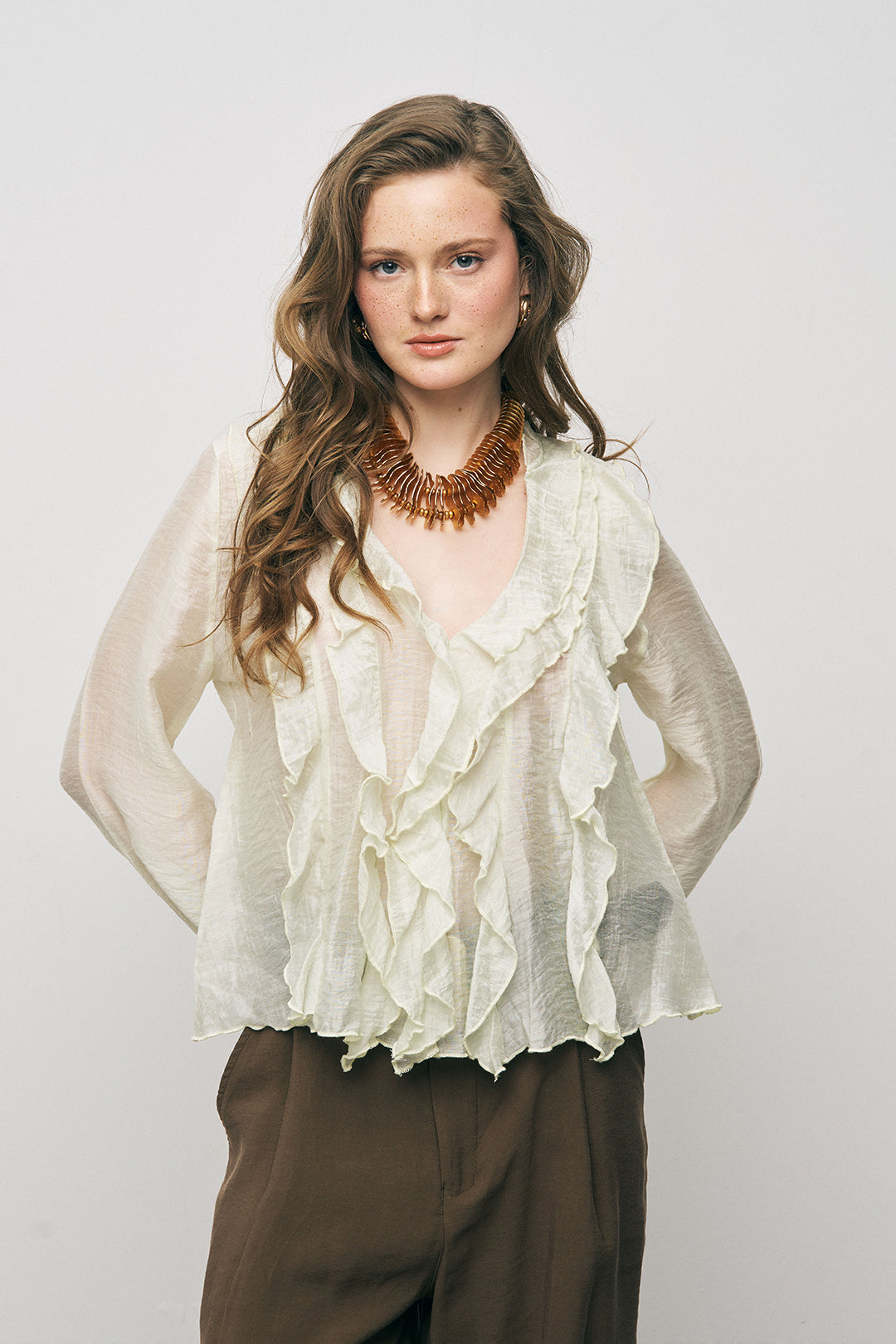 Orfeonegro Mint Volan Detaylı Liyosel Karışımlı Şifon Gömlek