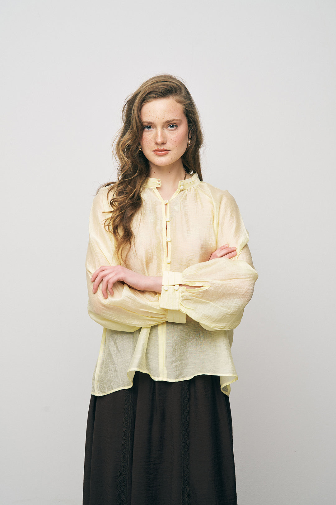 Orfeonegro Hakim Yaka Düğme Detaylı Şifon Gömlek Sarı