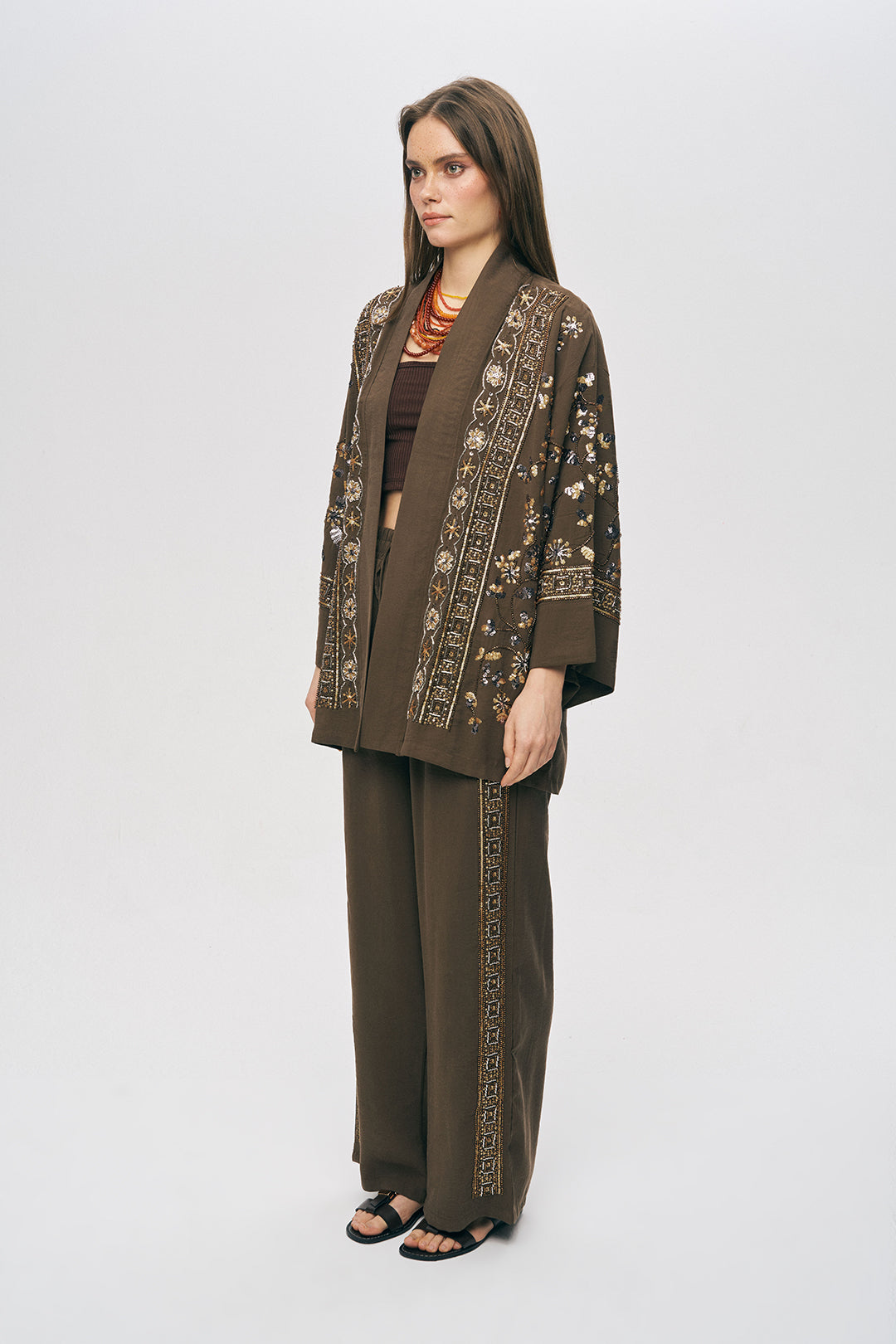 Orfeonegro Özel Tasarım Boncuk ve Nakış Detaylı Kimono Kahve