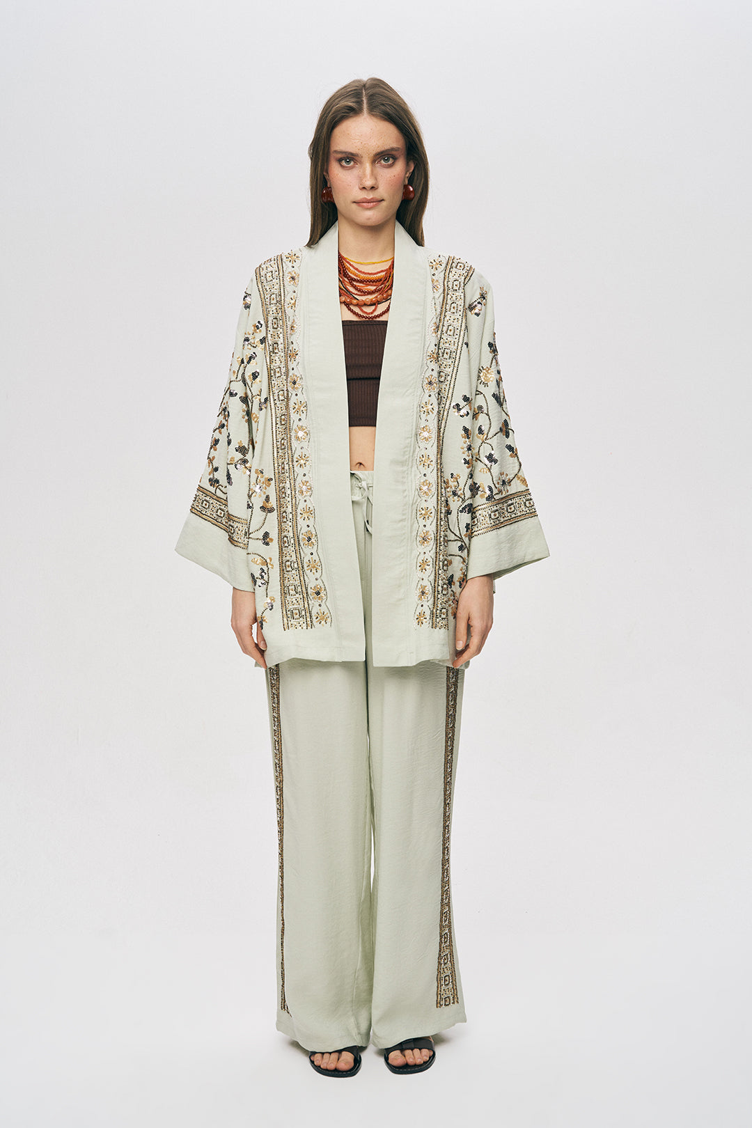 Orfeonegro Özel Tasarım Boncuk ve Nakış Detaylı Kimono Mint