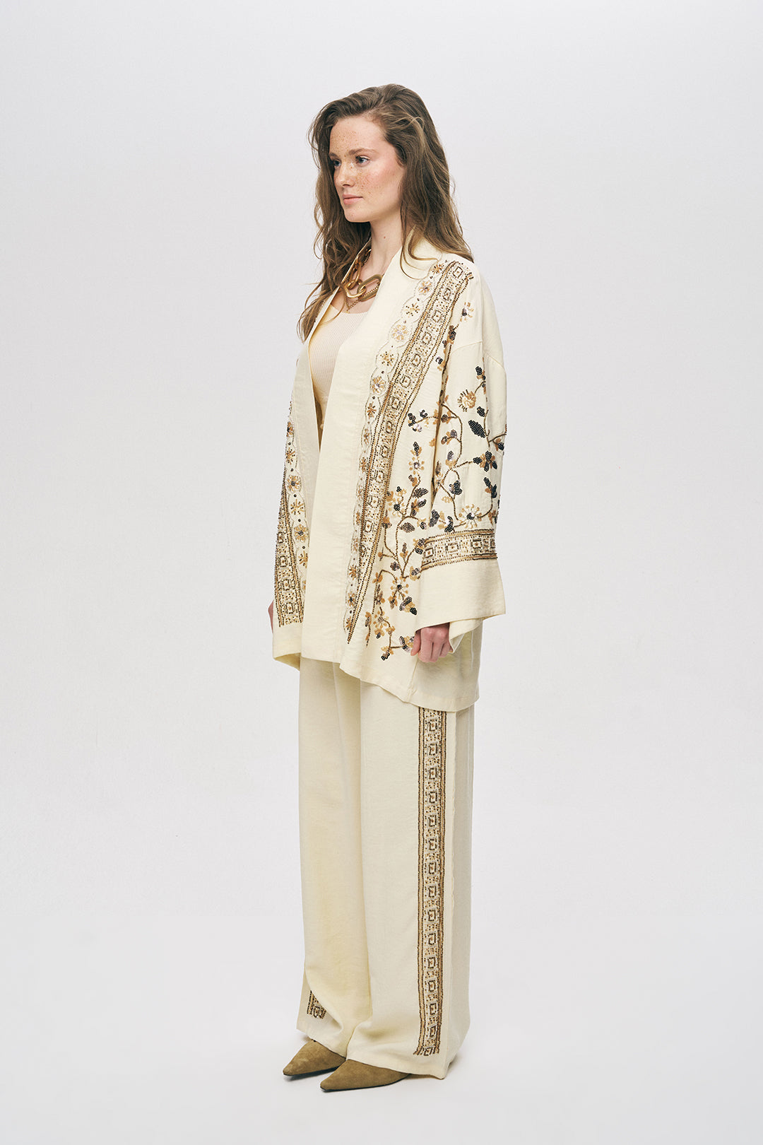 Orfeonegro Özel Tasarım Boncuk ve Nakış Detaylı Kimono Sarı