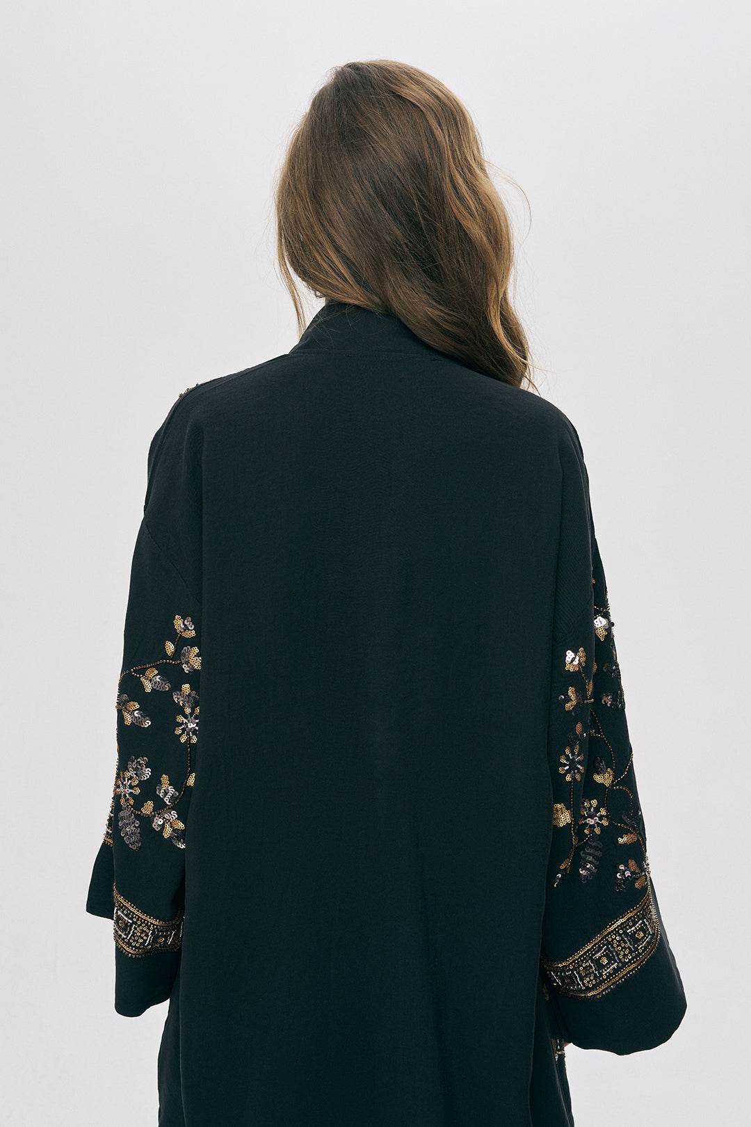 Orfeonegro Özel Tasarım Boncuk ve Nakış Detaylı Kimono Siyah