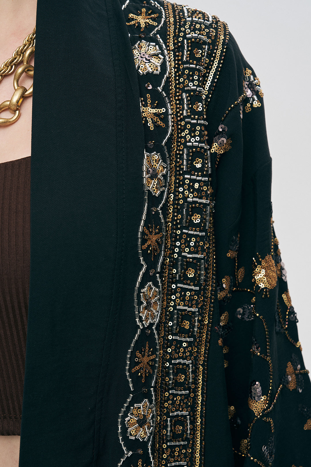 Orfeonegro Özel Tasarım Boncuk ve Nakış Detaylı Kimono Siyah