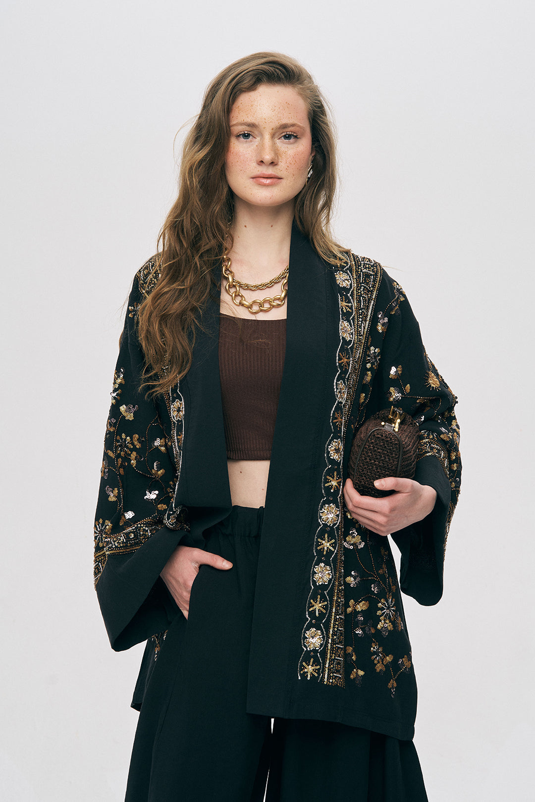 Orfeonegro Özel Tasarım Boncuk ve Nakış Detaylı Kimono Siyah