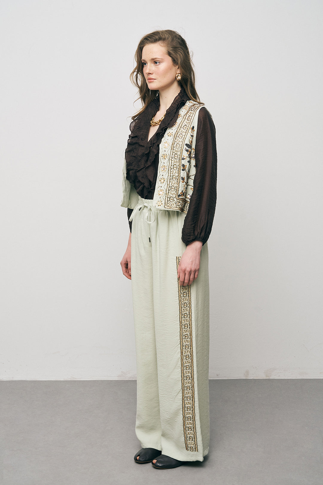 Orfeonegro Nakış ve Boncuk İşlemeli Mint Kısa Yelek