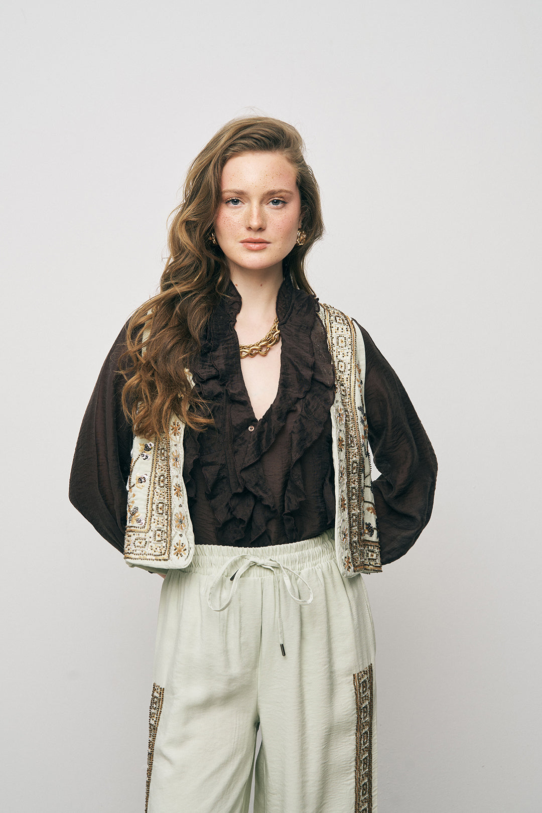 Orfeonegro Nakış ve Boncuk İşlemeli Mint Kısa Yelek