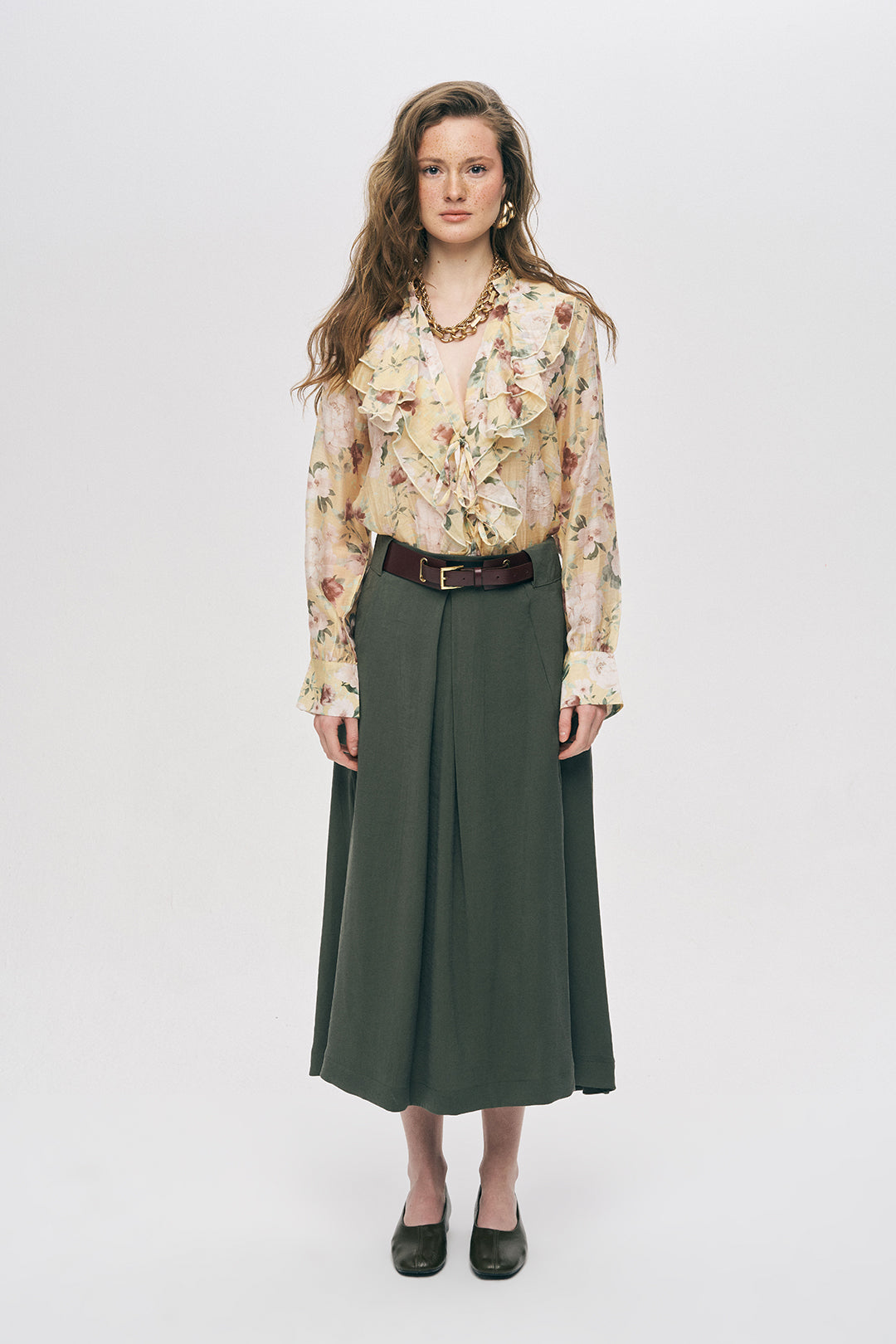 Sarı Çiçek Desenli Fırfır Detaylı Gömlek