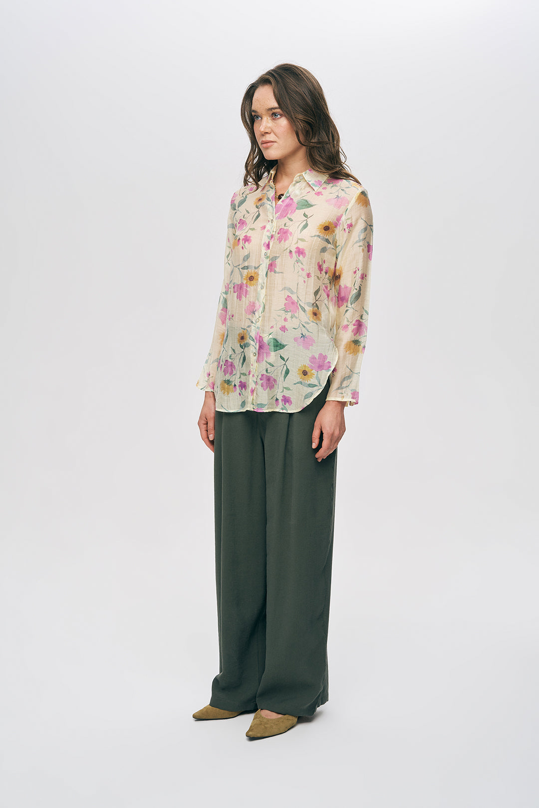 Sarı ve Pembe Çiçekli Şifon Kadın Gömlek