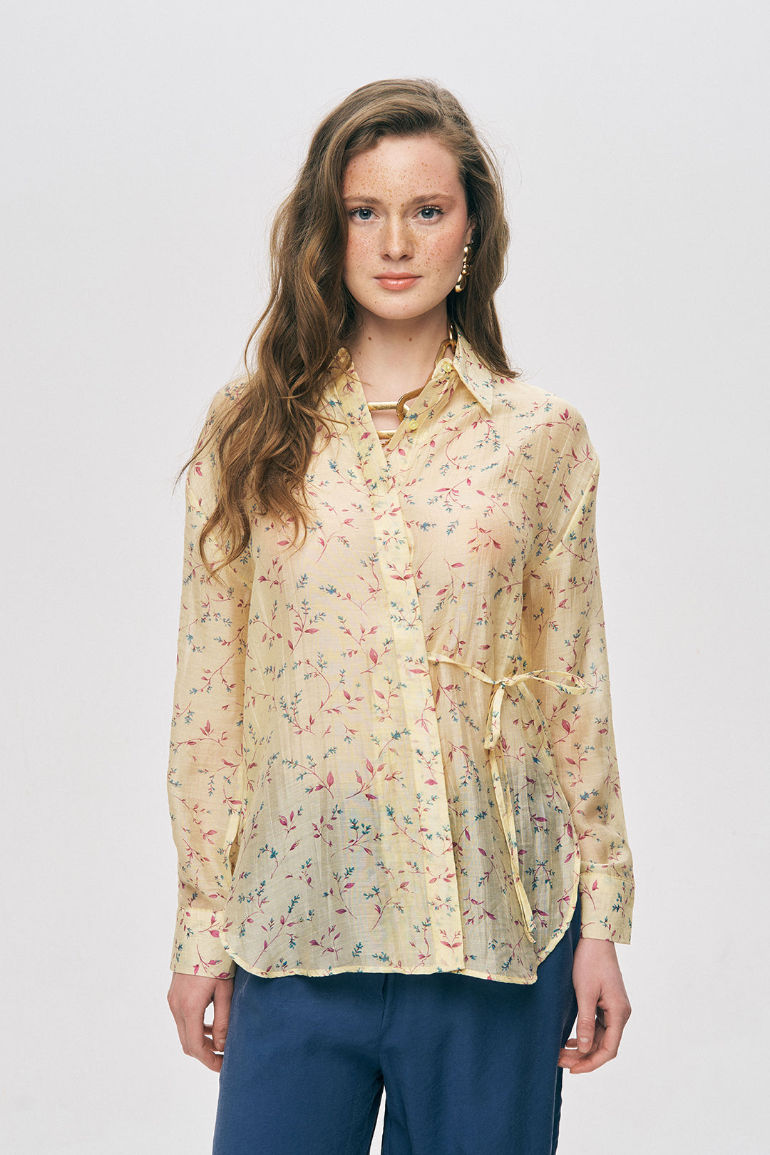 Toptan Bağlamalı Desenli Tencel Gömlek Modeli