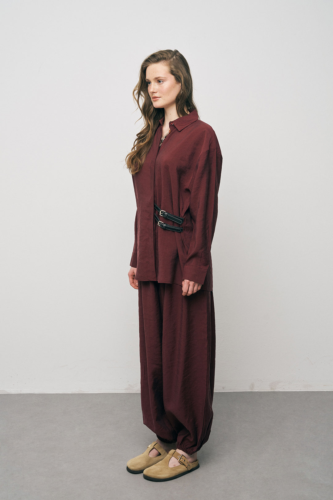 Orfeonegro Çift Kemer Aksesuarlı Bordo Uzun Kollu Gömlek