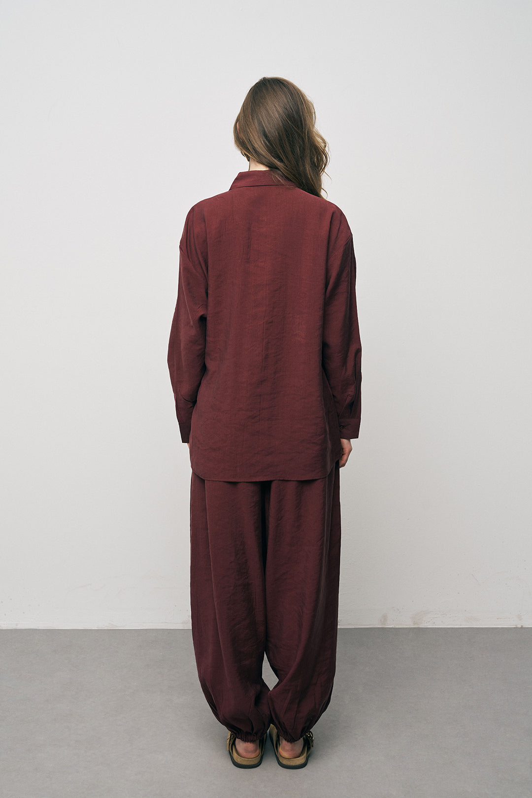 Orfeonegro Çift Kemer Aksesuarlı Bordo Uzun Kollu Gömlek