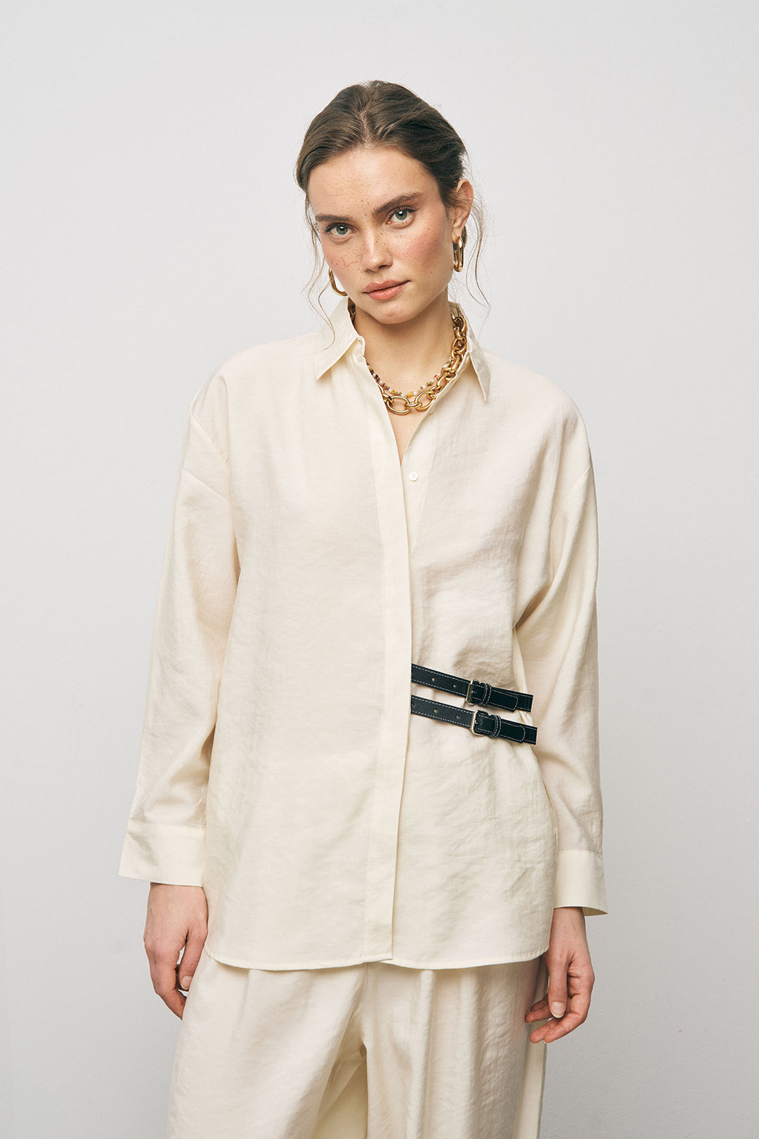 Orfeonegro Çift Kemer Aksesuarlı Ekru Uzun Kollu Gömlek
