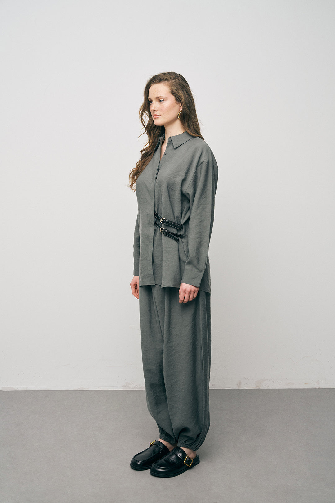 Orfeonegro Çift Kemer Aksesuarlı Haki Uzun Kollu Gömlek