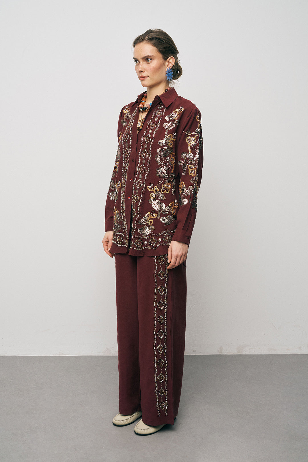 Orfeonegro Bordo Pul ve Boncuk İşlemeli Oversize Gömlek