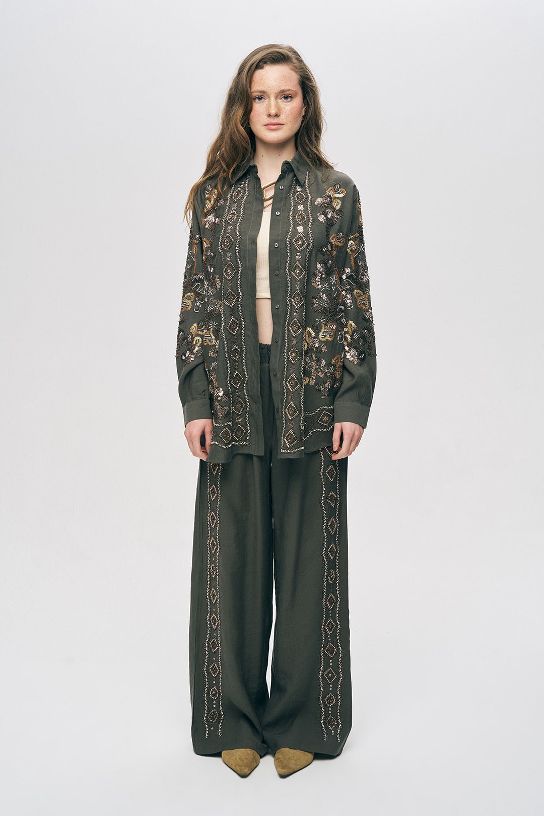 Orfeonegro Haki Pul ve Boncuk İşlemeli Oversize Gömlek