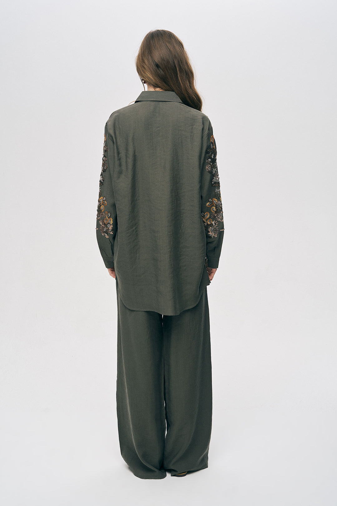 Orfeonegro Haki Pul ve Boncuk İşlemeli Oversize Gömlek