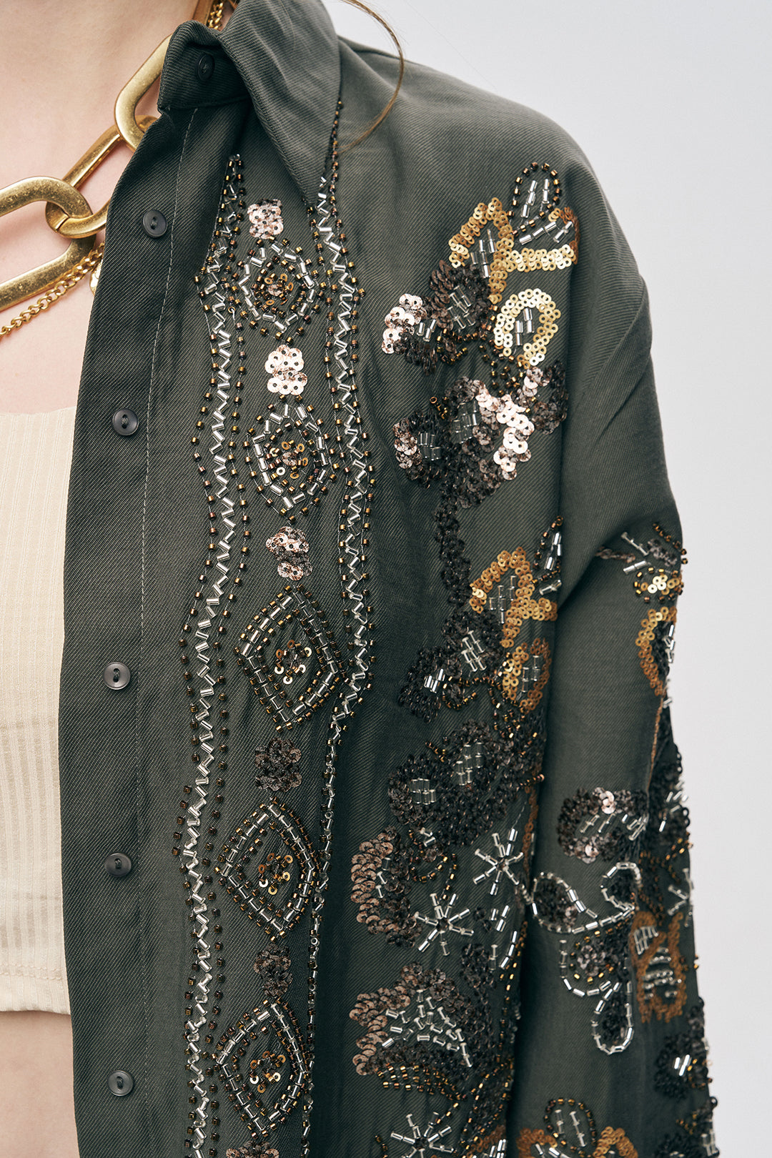 Orfeonegro Haki Pul ve Boncuk İşlemeli Oversize Gömlek