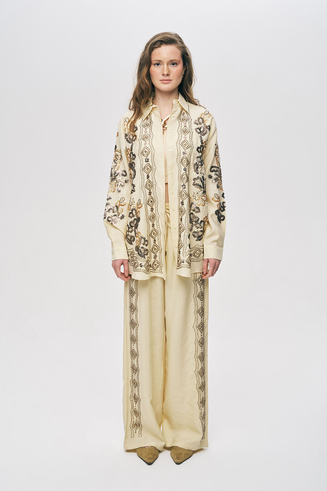 Orfeonegro Sarı Pul ve Boncuk İşlemeli Oversize Gömlek