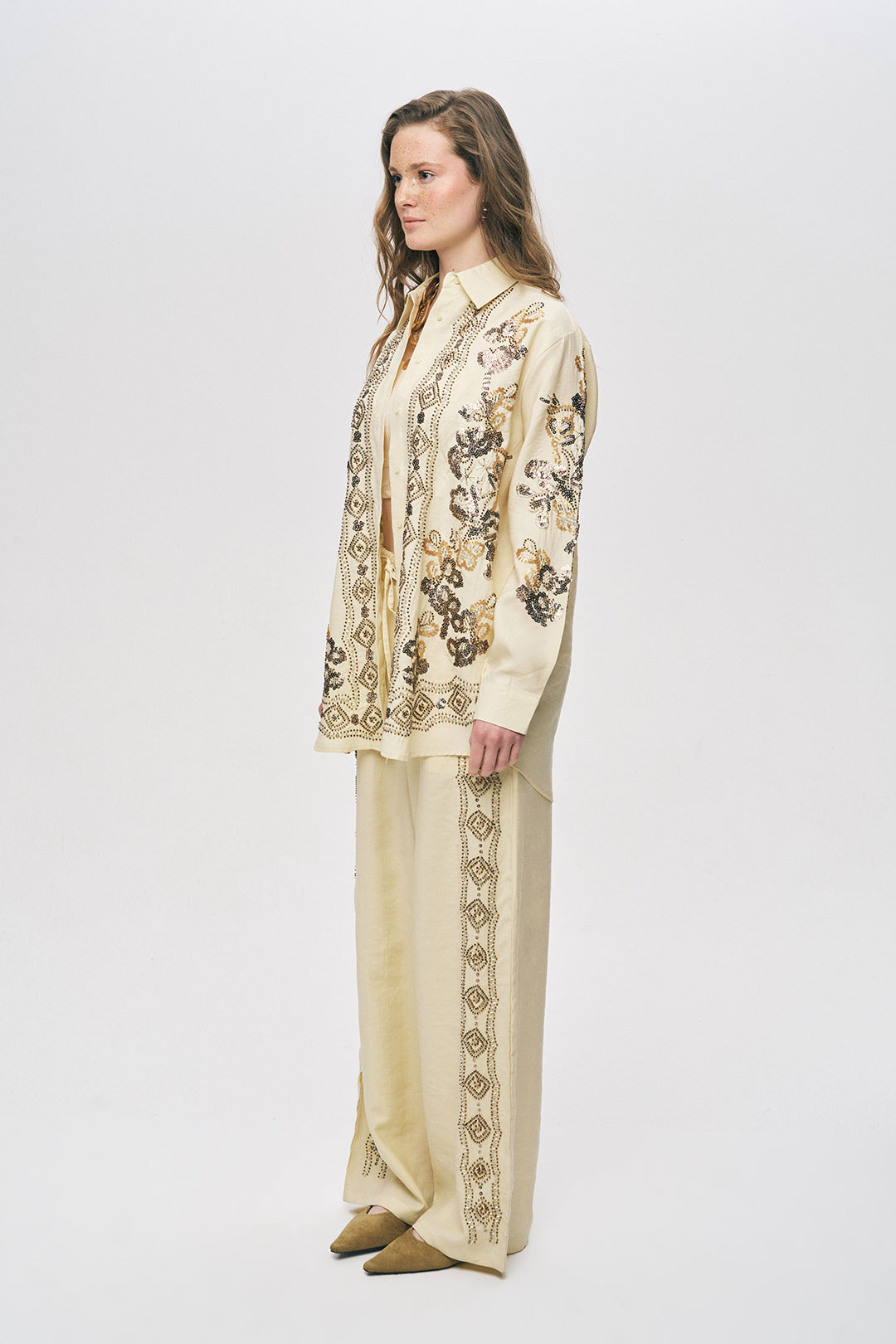 Orfeonegro Sarı Pul ve Boncuk İşlemeli Oversize Gömlek