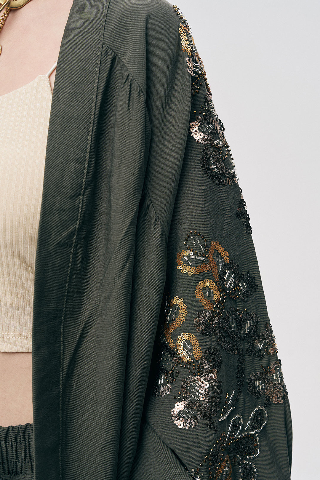 Orfeonegro Haki Nakış ve Boncuk İşlemeli Oversize Kimono