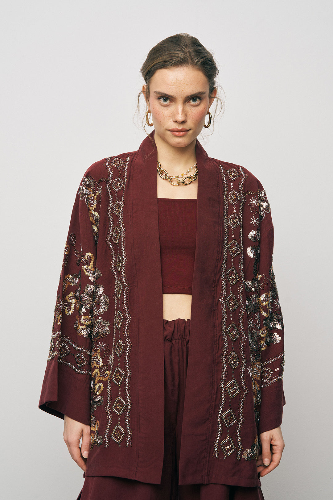 Orfeonegro Bordo Nakış İşlemeli Kimono