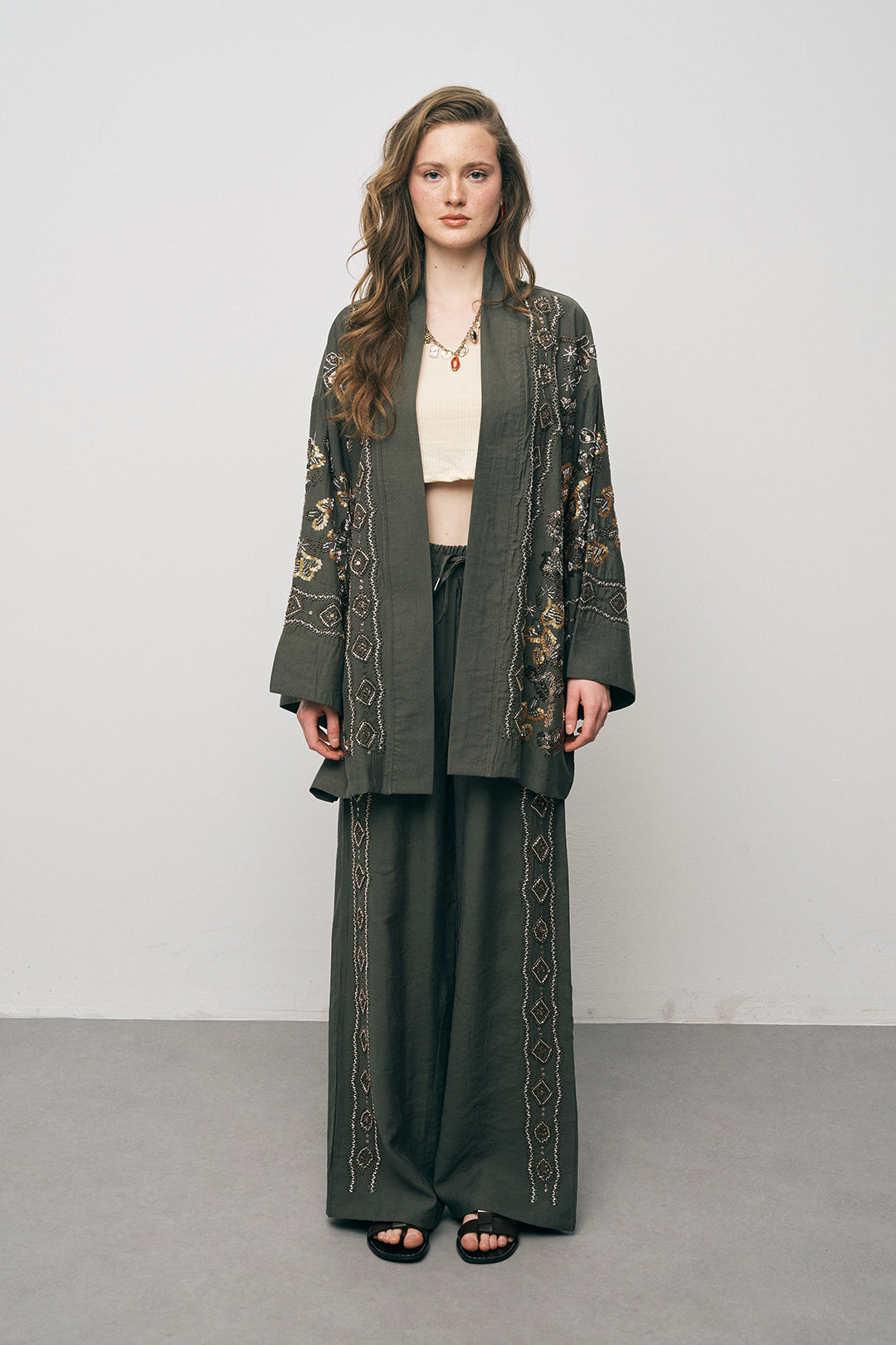 Orfeonegro Haki Nakış İşlemeli Kimono