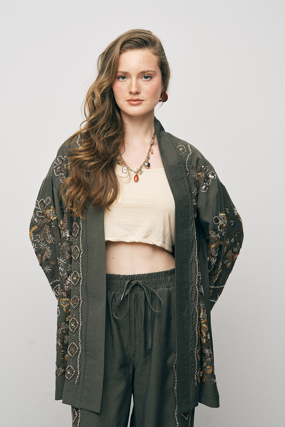 Orfeonegro Haki Nakış İşlemeli Kimono