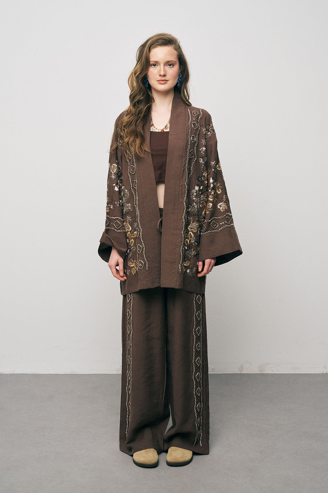 Orfeonegro Kahve Nakış İşlemeli Kimono