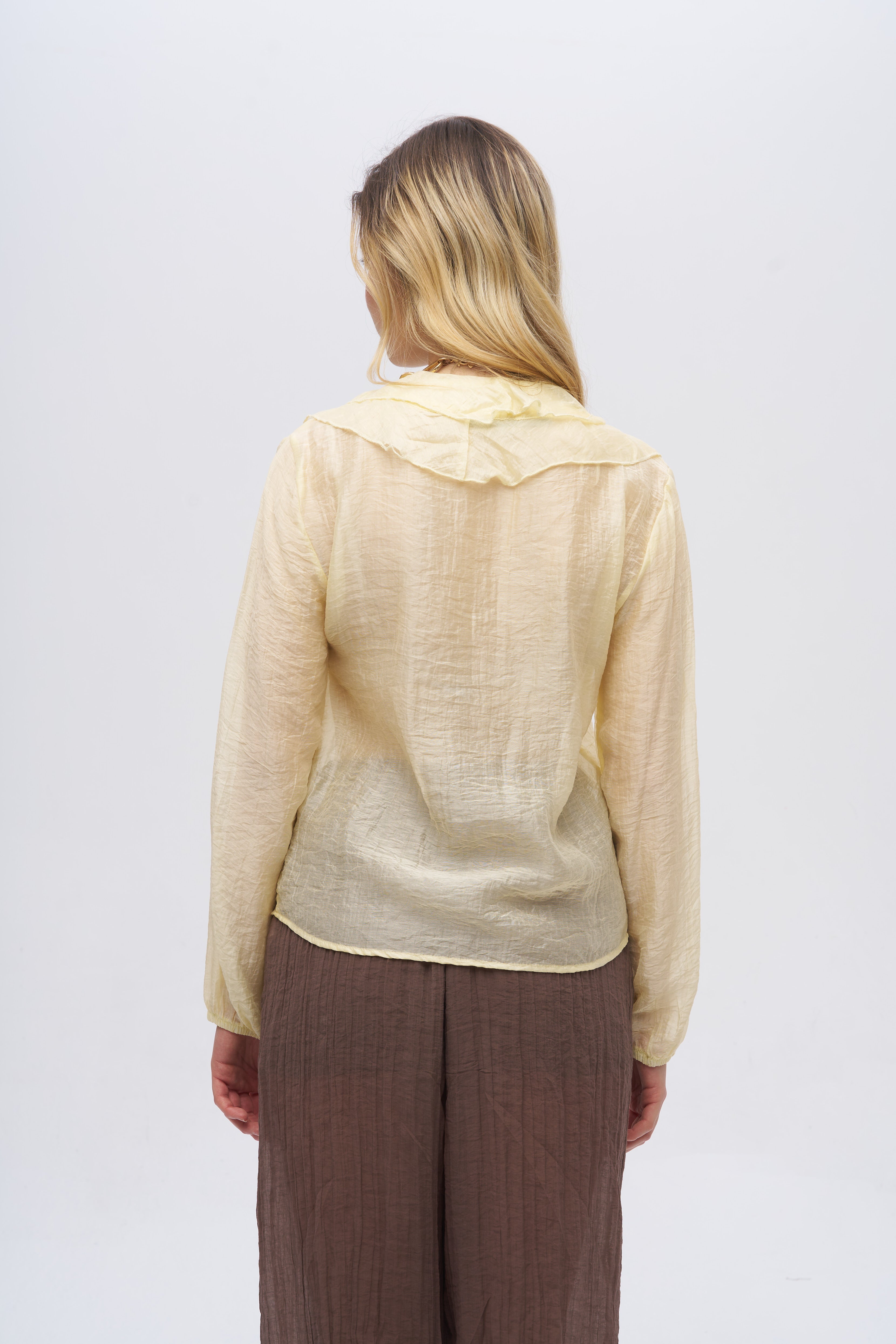 V Yaka Önü Fırfır Detaylı Dokulu Bluz Sarı