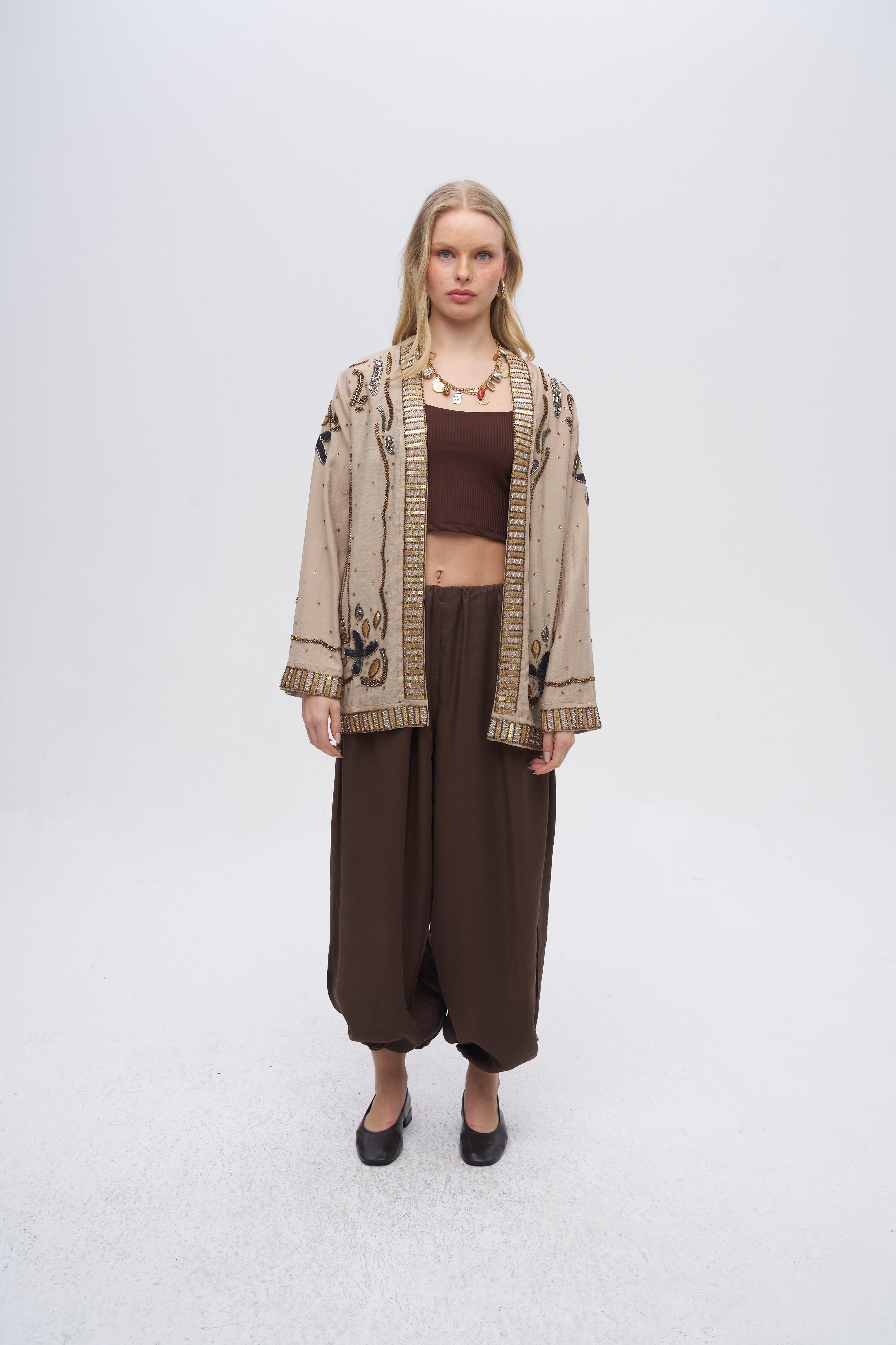 Boncuk ve Pul İşlemeli Bej Tencel Kimono