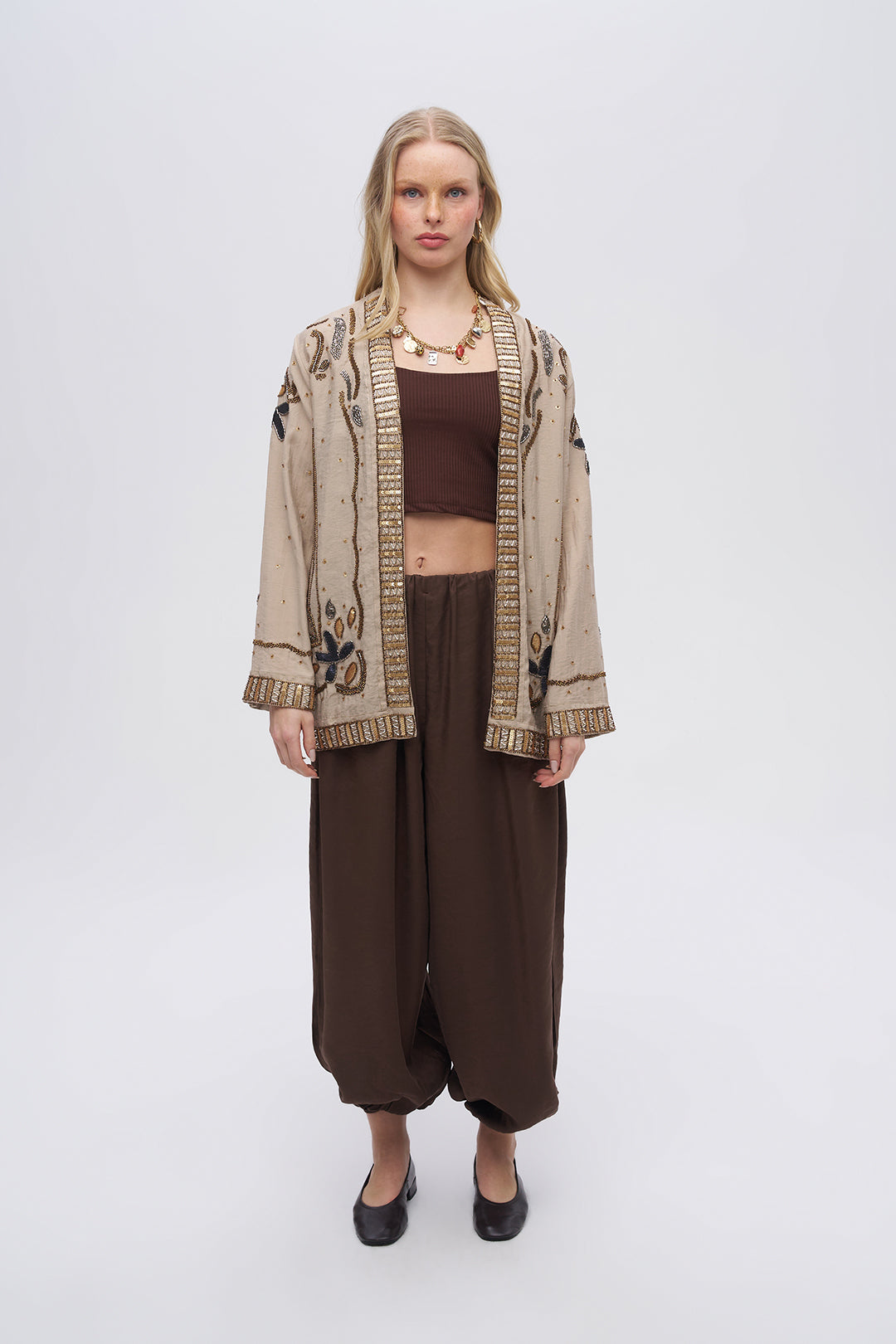 Boncuk ve Pul İşlemeli Bej Tencel Kimono