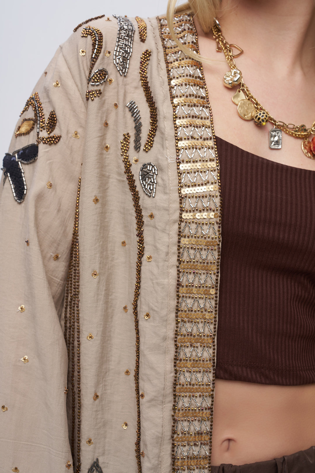 Boncuk ve Pul İşlemeli Bej Tencel Kimono