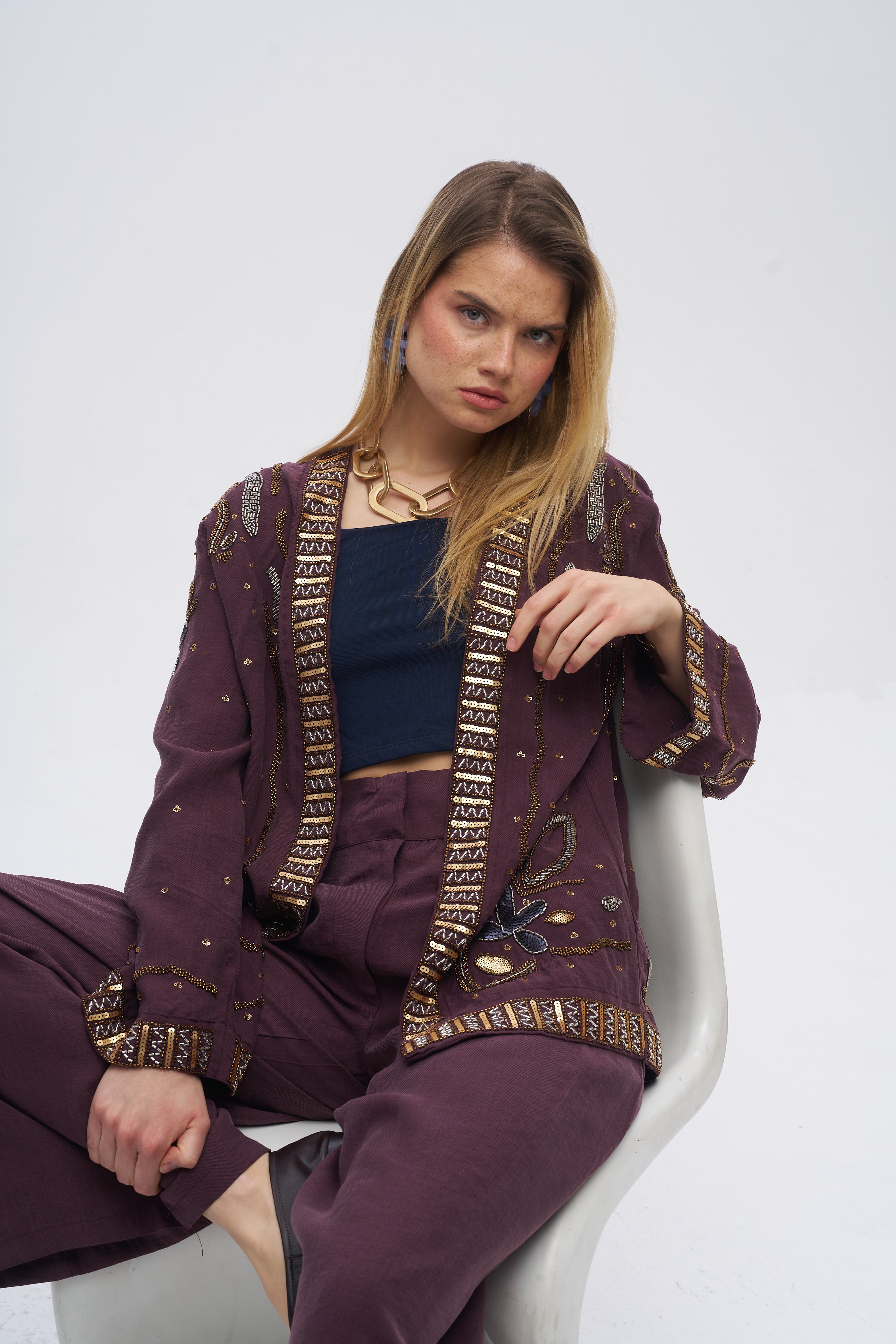 Boncuk ve Pul İşlemeli Bordo Tencel Kimono