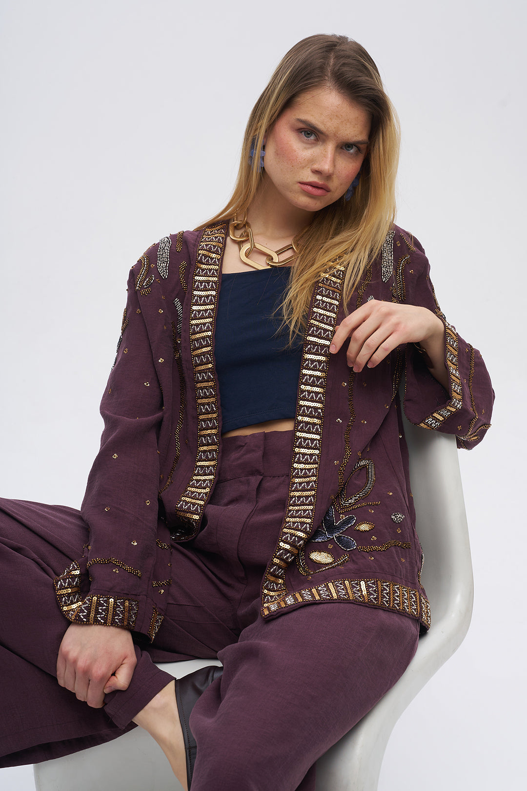 Boncuk ve Pul İşlemeli Bordo Tencel Kimono