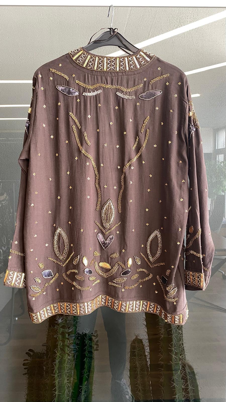 Boncuk ve Pul İşlemeli Kahve Tencel Kimono