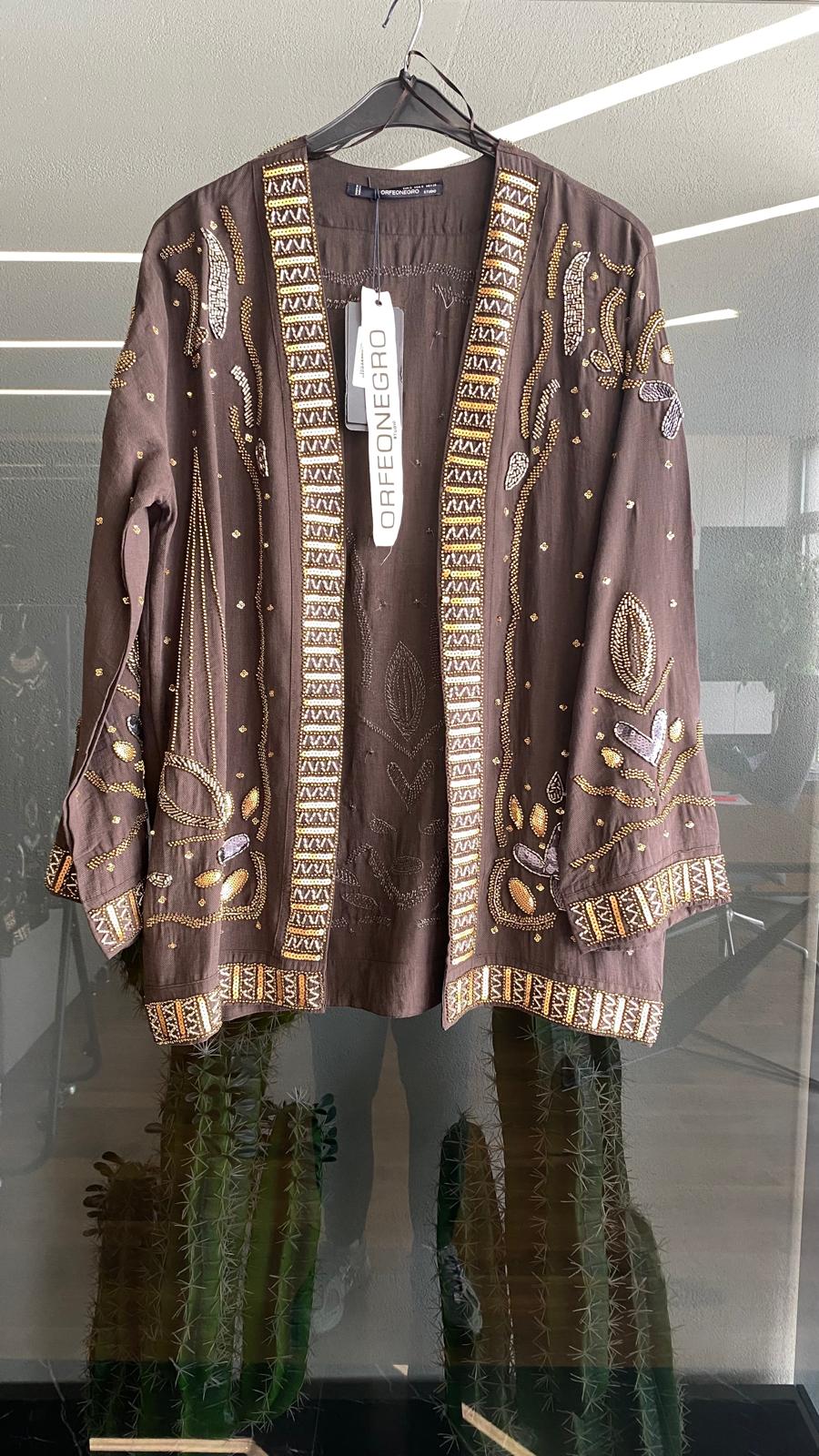 Boncuk ve Pul İşlemeli Kahve Tencel Kimono