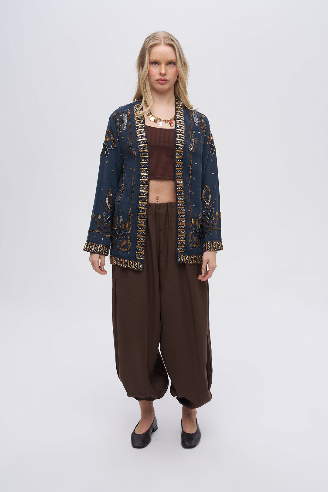 Boncuk ve Pul İşlemeli Laci Tencel Kimono