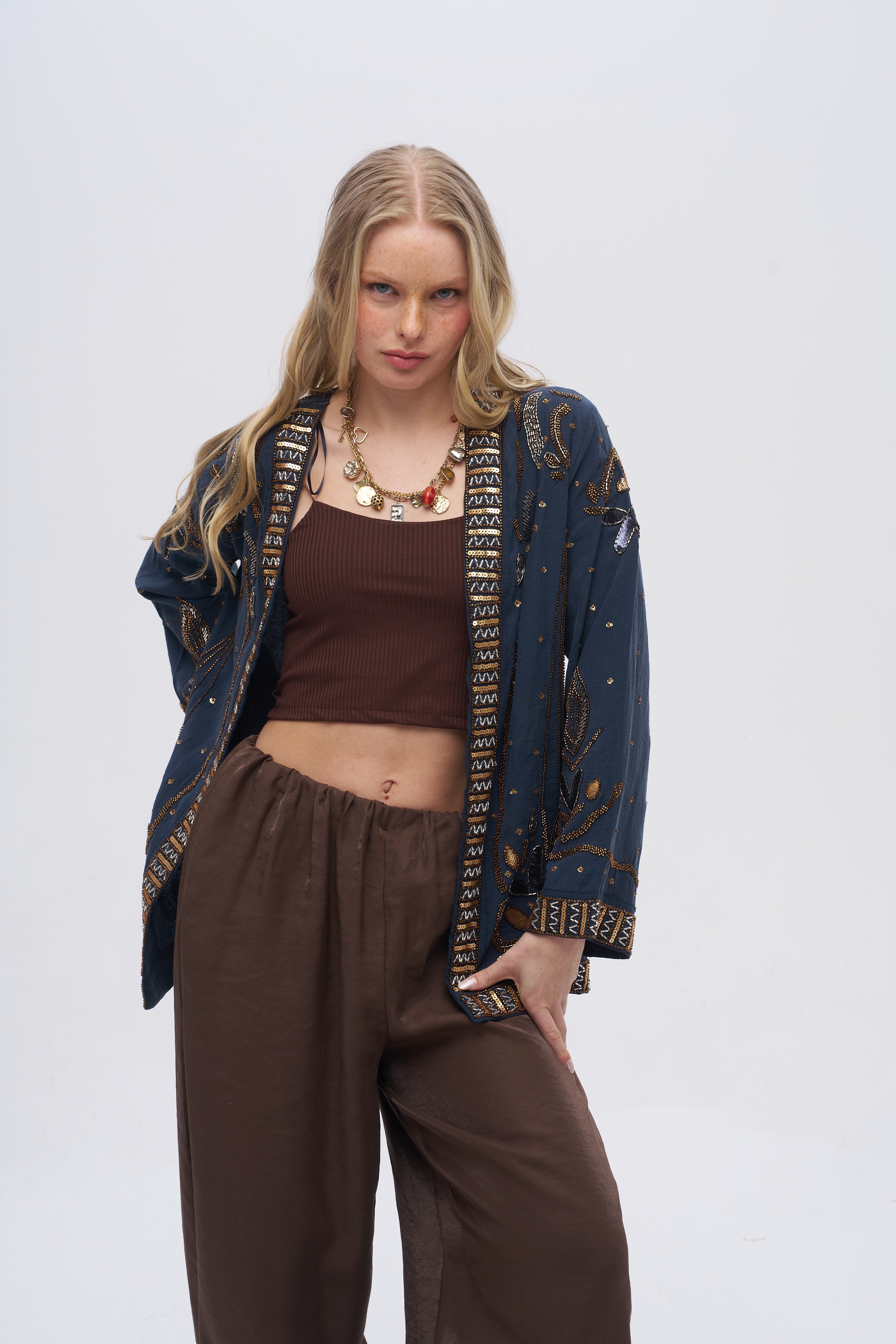 Boncuk ve Pul İşlemeli Laci Tencel Kimono