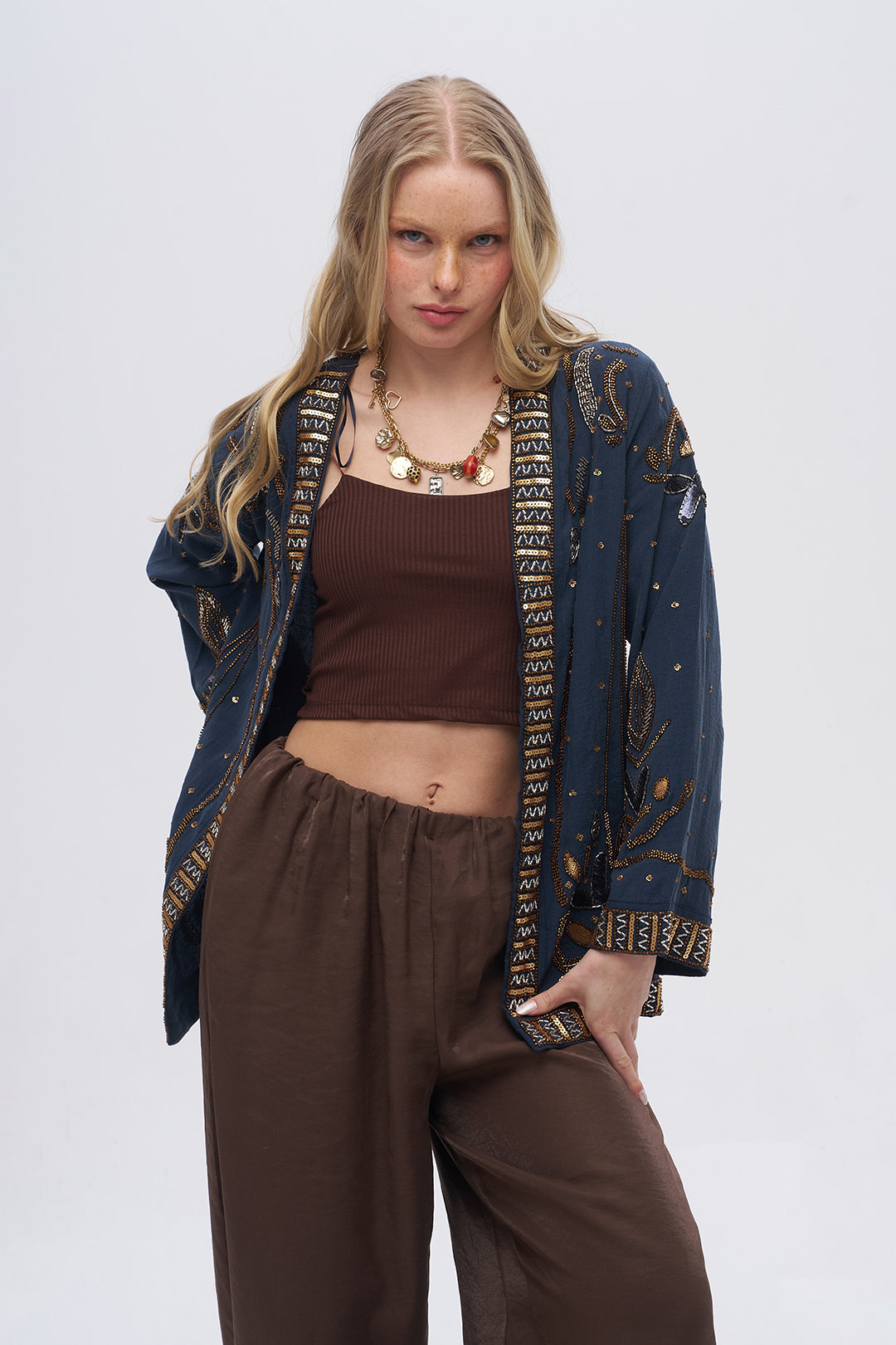 Boncuk ve Pul İşlemeli Laci Tencel Kimono