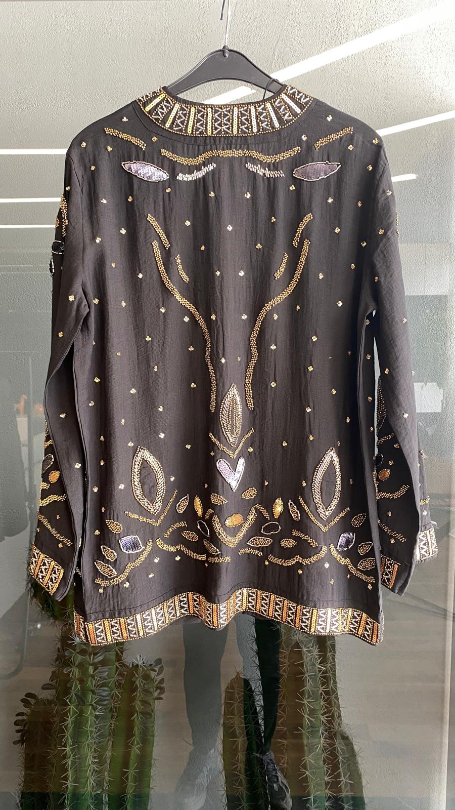 Boncuk ve Pul İşlemeli Siyah Tencel Kimono