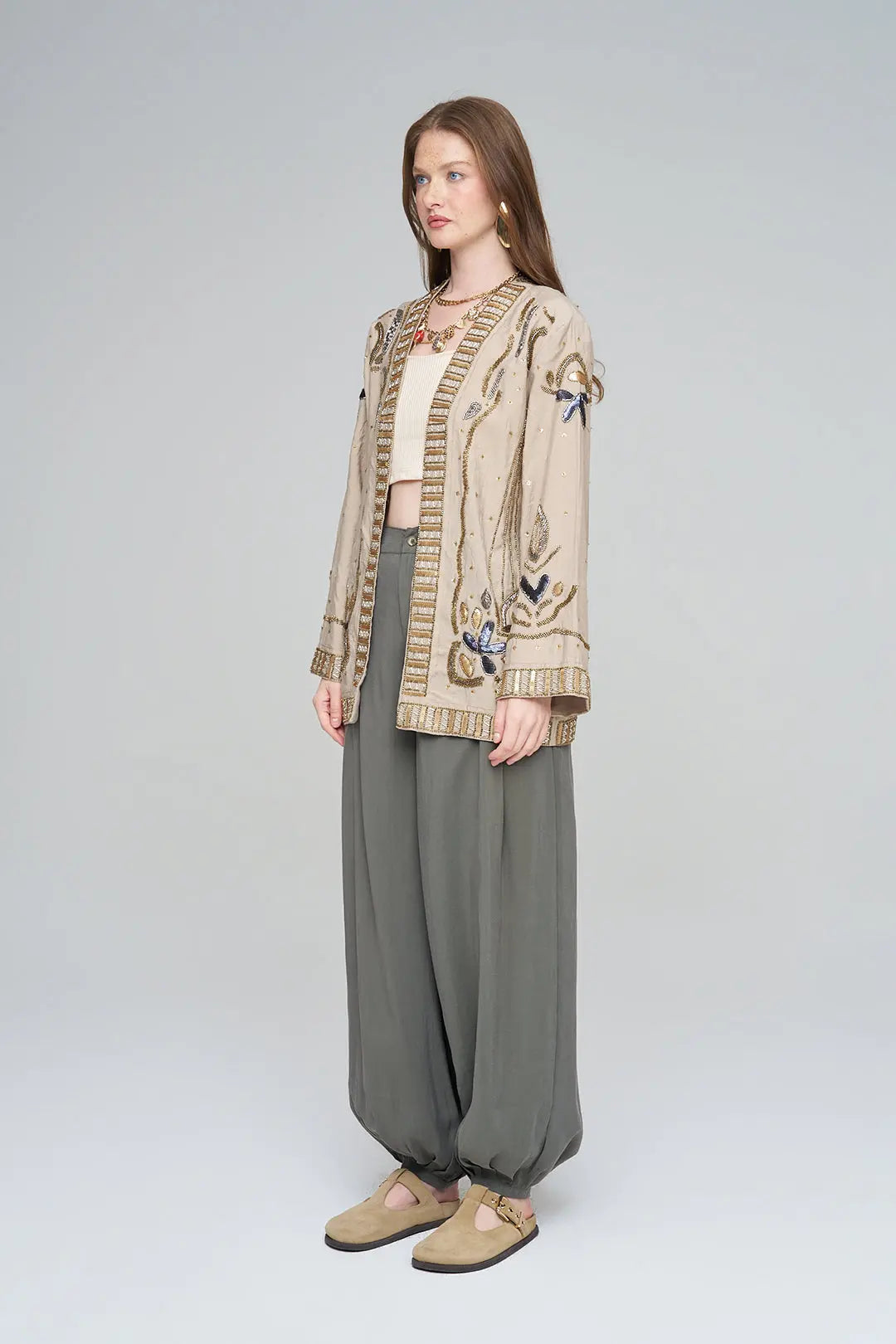 Boncuk ve Pul İşlemeli Bej Tencel Kimono ORFEONEGRO