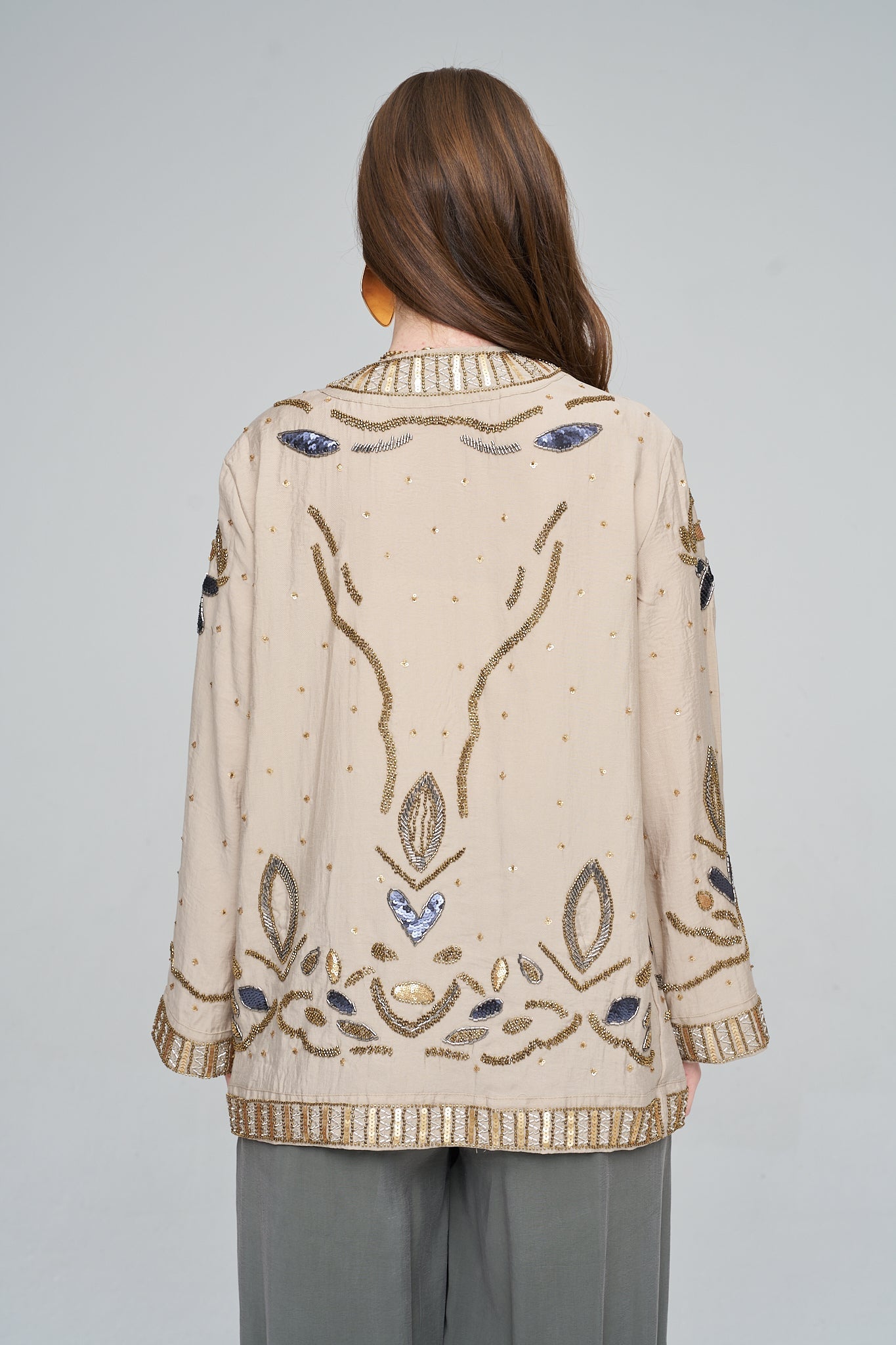 Boncuk ve Pul İşlemeli Bej Tencel Kimono ORFEONEGRO
