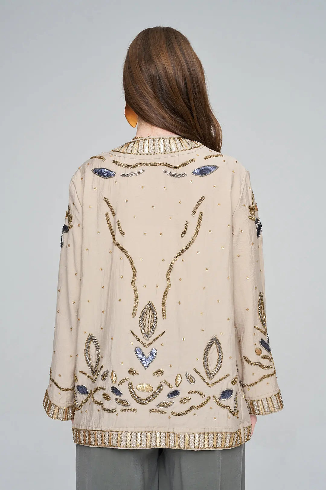 Boncuk ve Pul İşlemeli Bej Tencel Kimono ORFEONEGRO