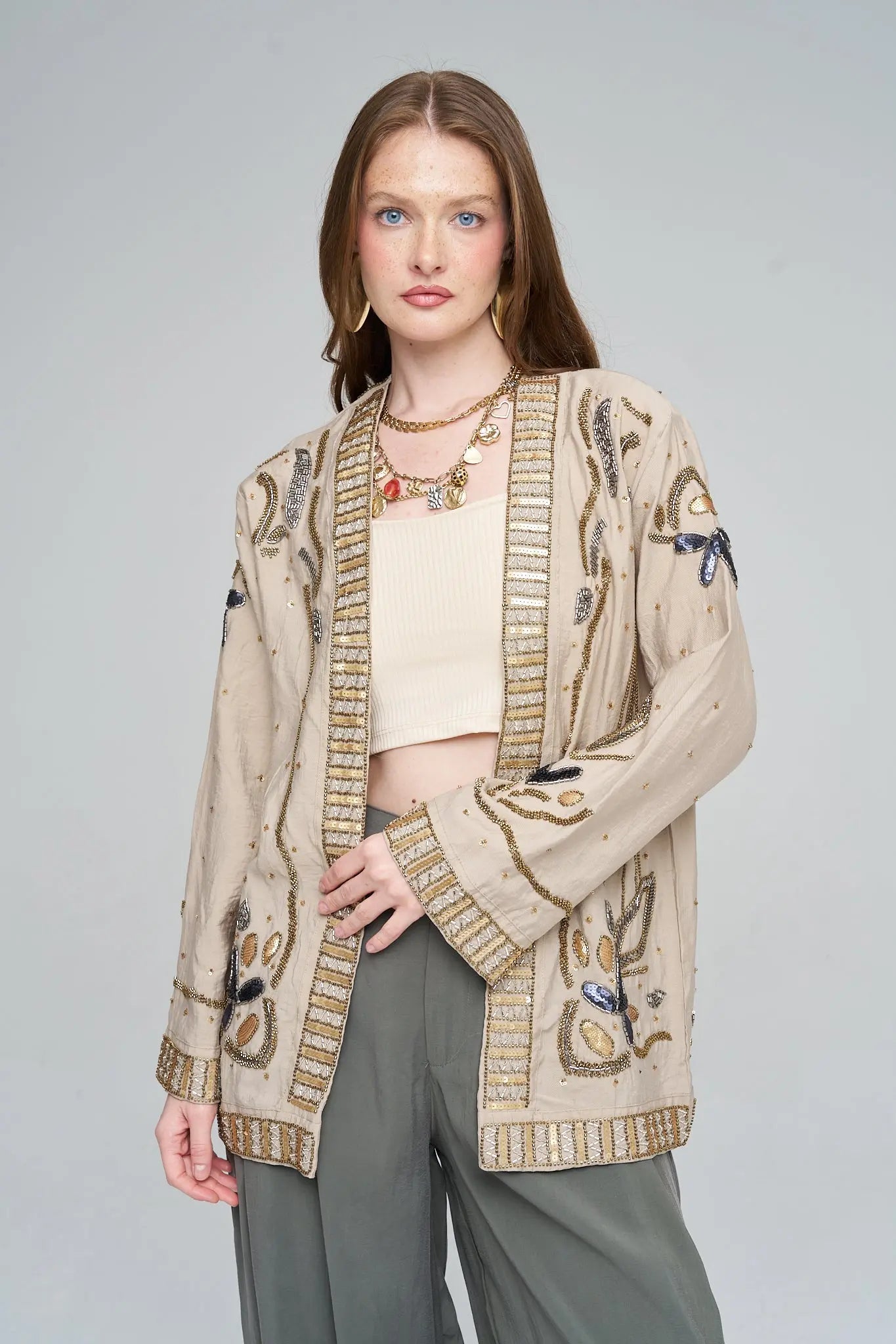 Boncuk ve Pul İşlemeli Bej Tencel Kimono ORFEONEGRO