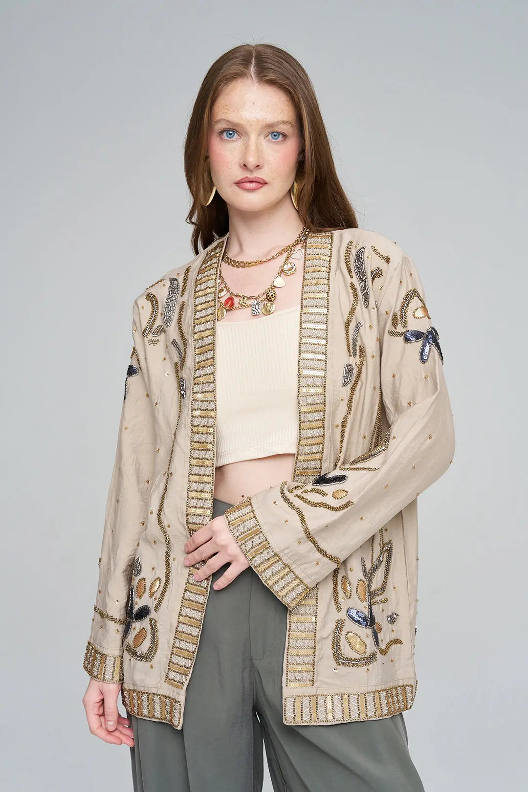 Boncuk ve Pul İşlemeli Bej Tencel Kimono ORFEONEGRO
